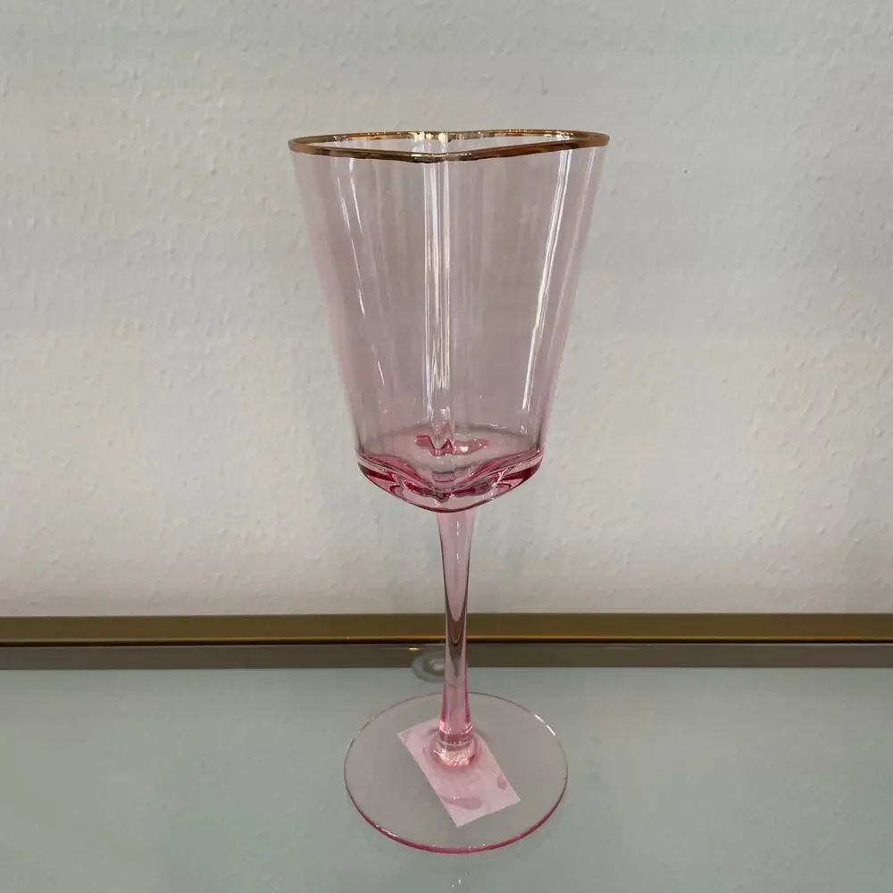 Pink Heart Shaped Wine Glasses with Gold Rim Valentines Day Set of 2 NEW